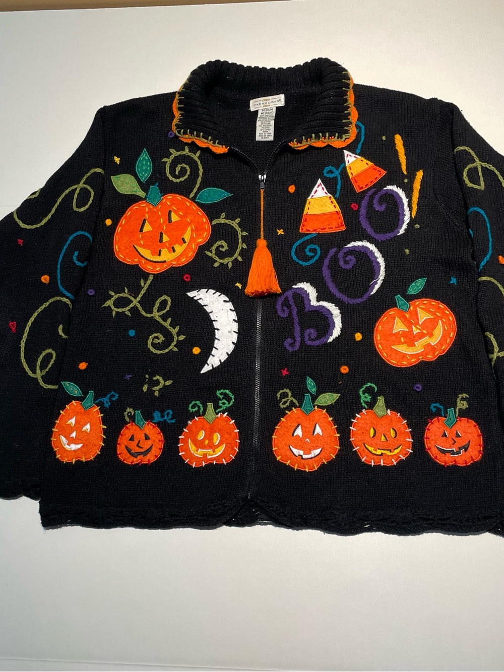 VTG Yarnworks Halloween Cardigan Sweater Zip Up Medium Pumpkins Ramie Cotton